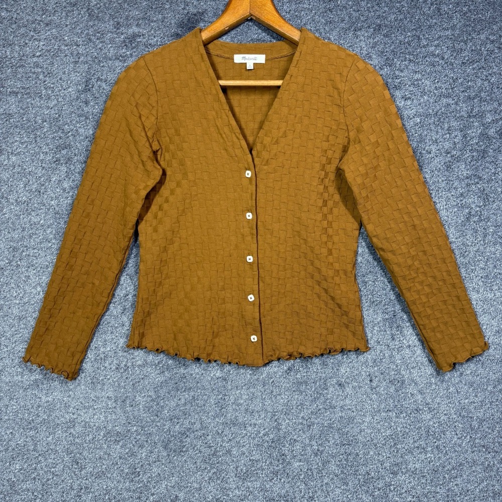Madewell Cardigan Womens S Brown Textured Button Basketweave Cotton Lettuce Edge
